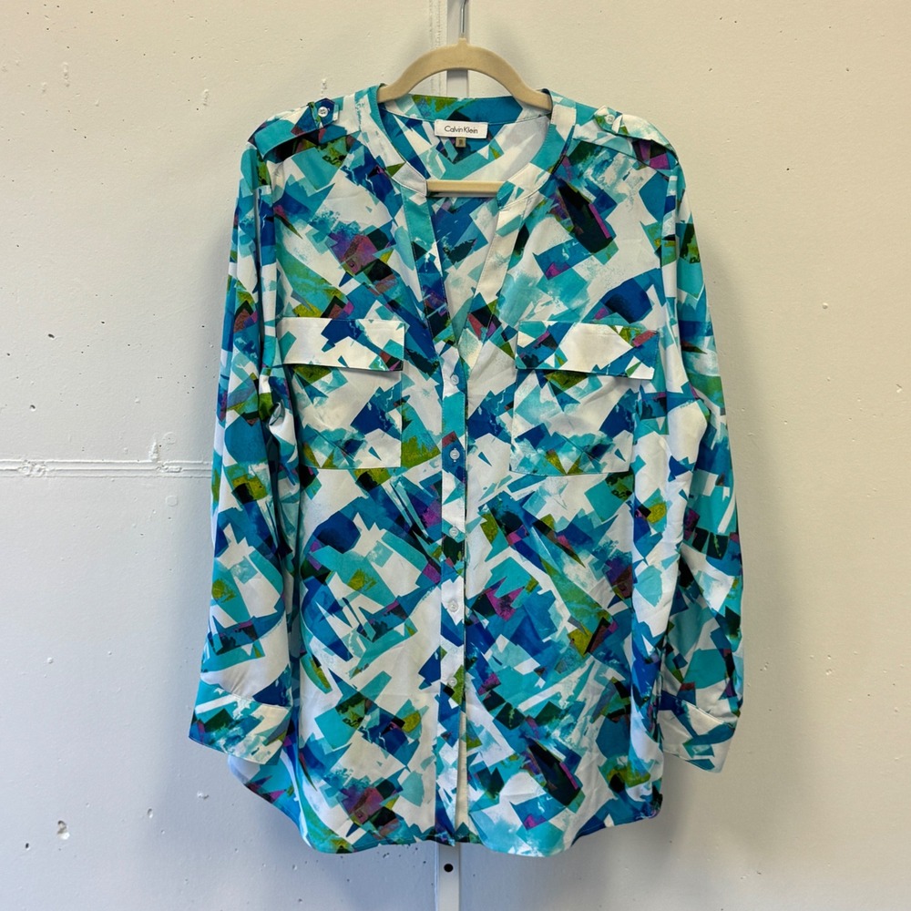 Calvin Klein 0X Abstract Geometric Print Button Down Blouse Blue Teal Casual
